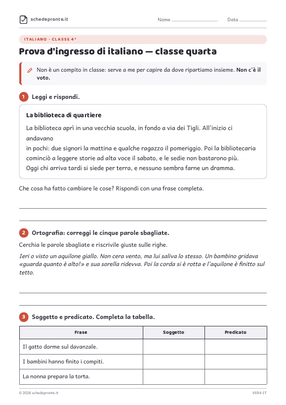 Anteprima della scheda Prova d'ingresso di italiano — classe quarta