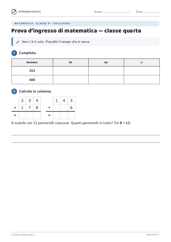 Anteprima della scheda Prova d'ingresso di matematica — classe quarta