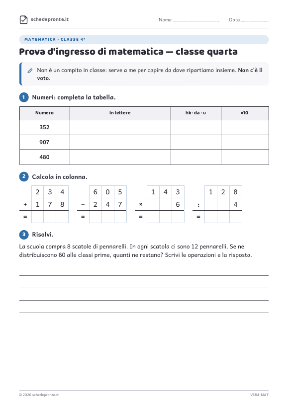 Anteprima della scheda Prova d'ingresso di matematica — classe quarta