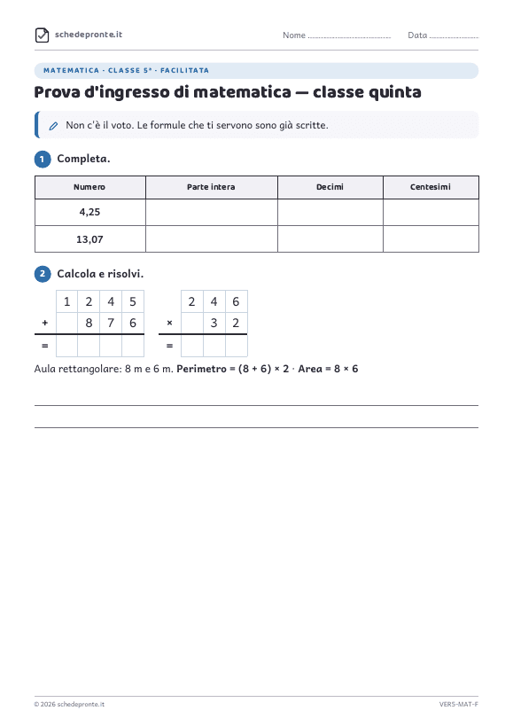 Anteprima della scheda Prova d'ingresso di matematica — classe quinta