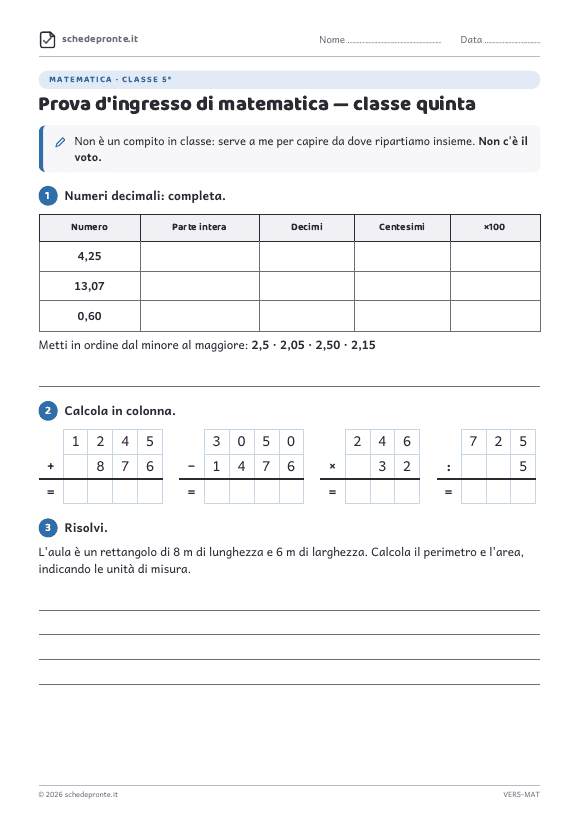 Anteprima della scheda Prova d'ingresso di matematica — classe quinta