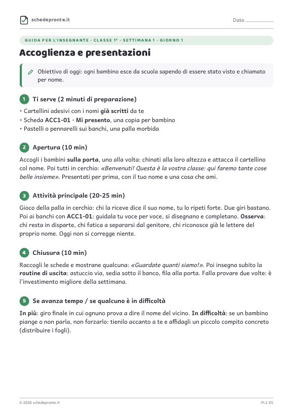 Guida per l'insegnante, giorno 1
